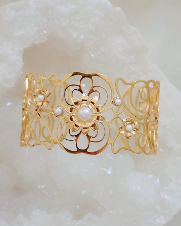 Victorian Pearl Flower Cuff Bracelet