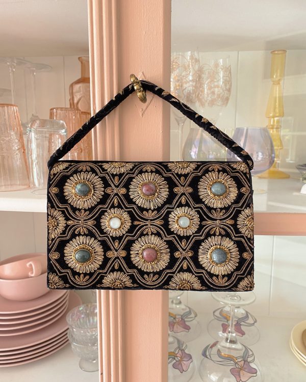 Vintage Anglo-Indian Velvet Gold Leaf Gemstone Bag