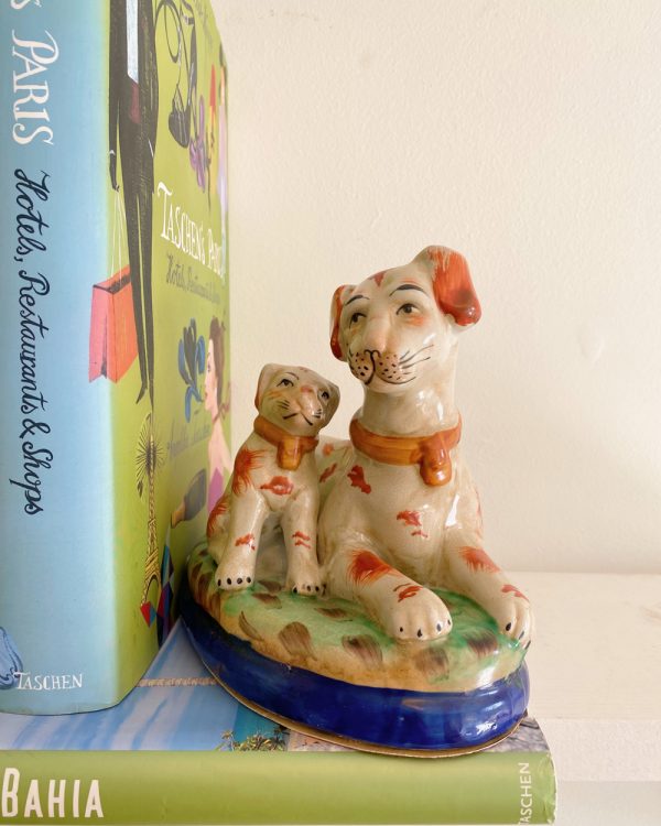 Vintage Pair Staffordshire Spaniel Dog With Puppy Russet Bookend