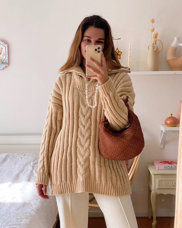 Half Zip Cable Knit Sweater Beige
