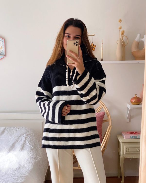 Half Zip Stripe Knit Sweater