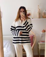 Half Zip Stripe Knit Sweater