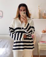 Half Zip Stripe Knit Sweater
