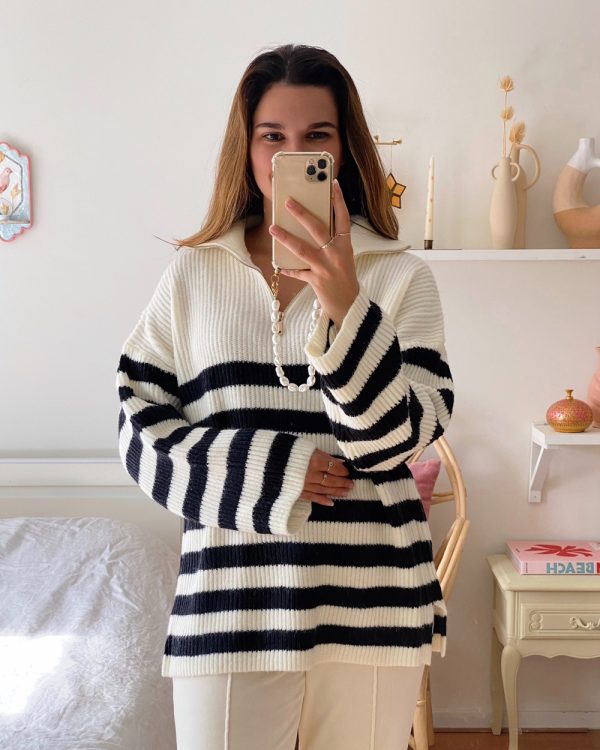 Half Zip Stripe Knit Sweater