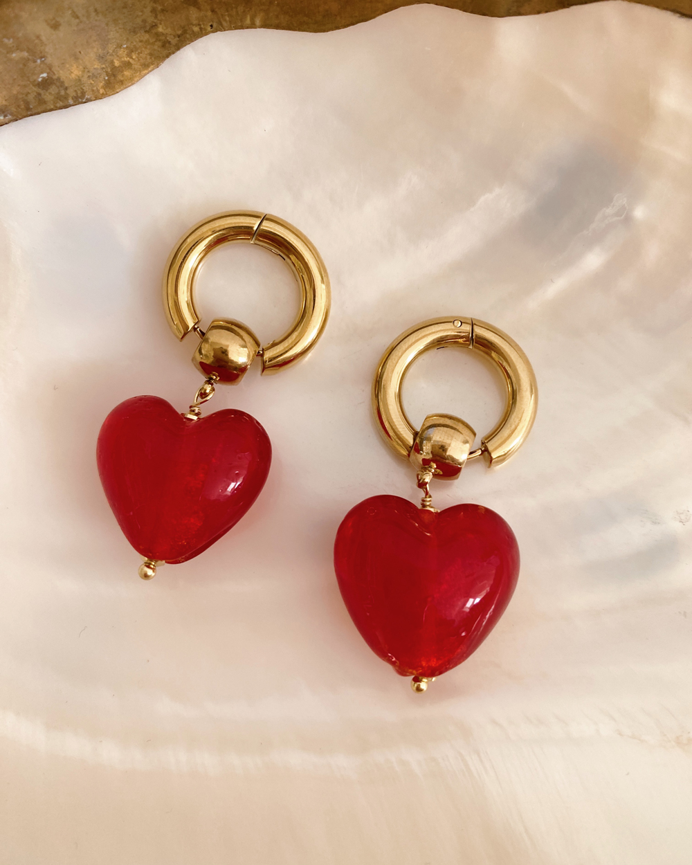 Red Glass Heart Drop Earrings