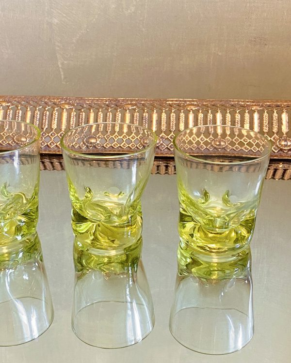 Vintage French Green Wavy Shot Glass Set Of 4