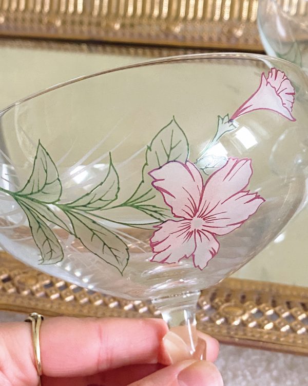 Vintage Hand Painted Pink Flower Coupe Glass Set of 2