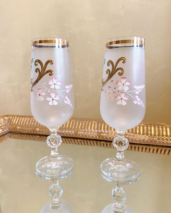 Vintage Hand Painted Pink Flower Crystal Cocktail Glass Set of 2