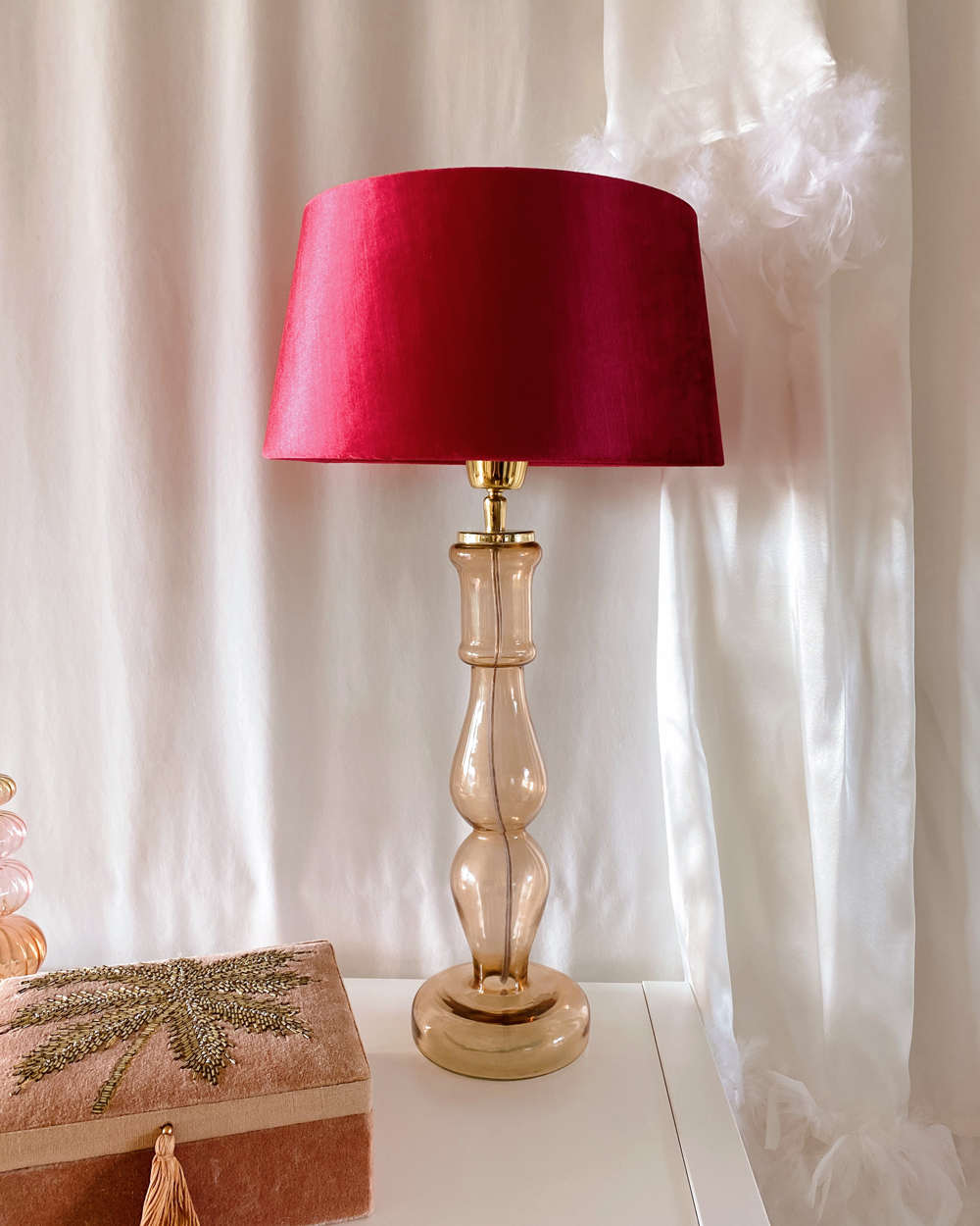 Glass Peach Lamp with Magenta Velvet Shade