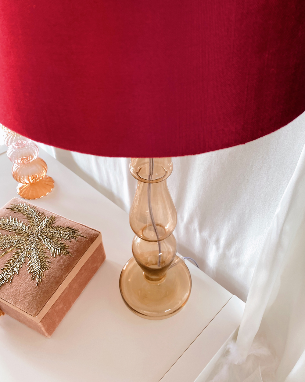 Glass Peach Lamp with Magenta Velvet Shade