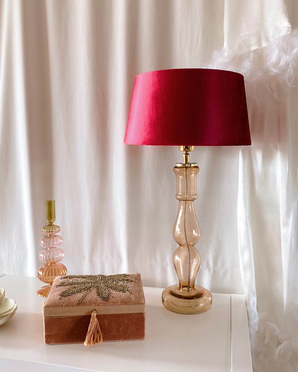 Glass Peach Lamp with Magenta Velvet Shade