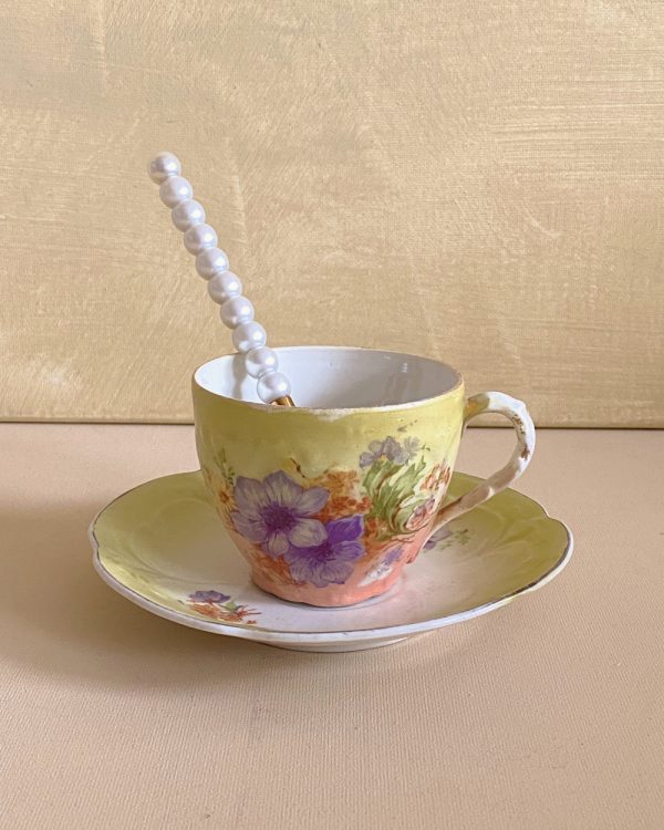Vintage Green Peach Floral Cup Saucer Set