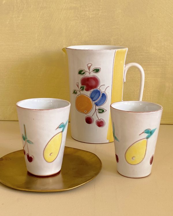 Vintage Hand Painted Ceramic Fruit Pitcher and Tumbler Set