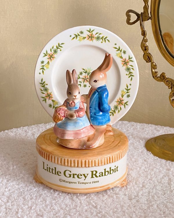 Vintage Little Grey Rabbit Dancing Bunnies Porcelain Music Box