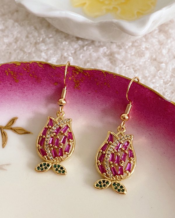Pink Tulip Gemstone Dangle Drop Earrings