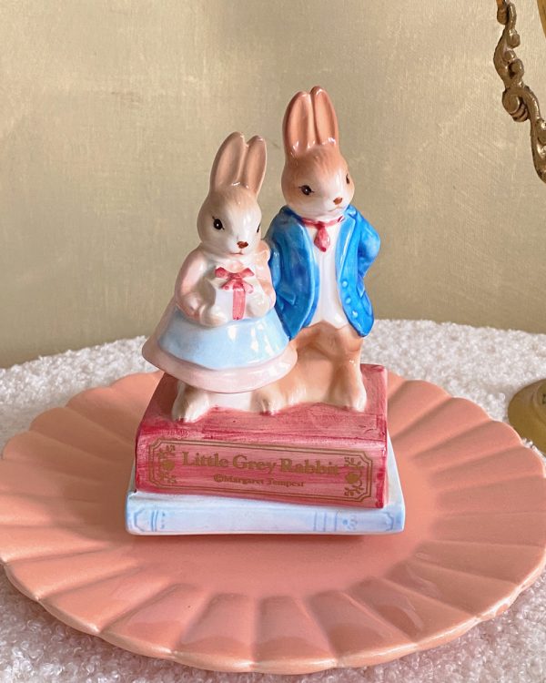 Vintage Little Grey Rabbit Literature Bunny Couple Porcelain Music Box