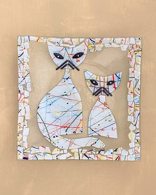 Vintage Mosaic Cat Glass Serving Dish