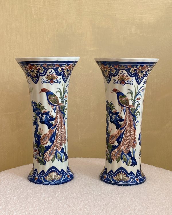 Vintage Vieux Rhodes Peacock Trumpet Vase Pair