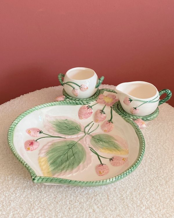 Vintage French Barbotine Majolica Strawberry Blossom Serving Dish Set
