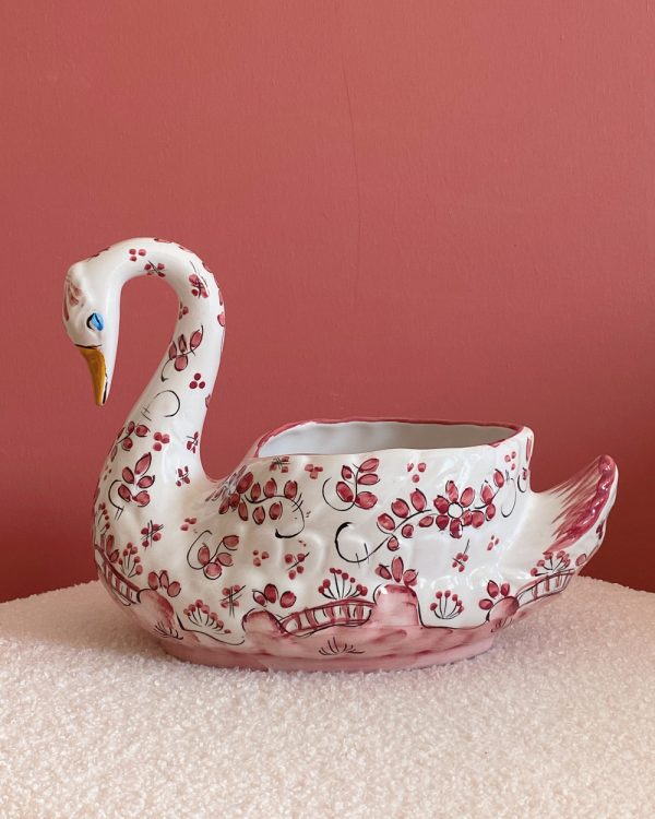 Vintage French Hand Painted Pink White Swan Planter