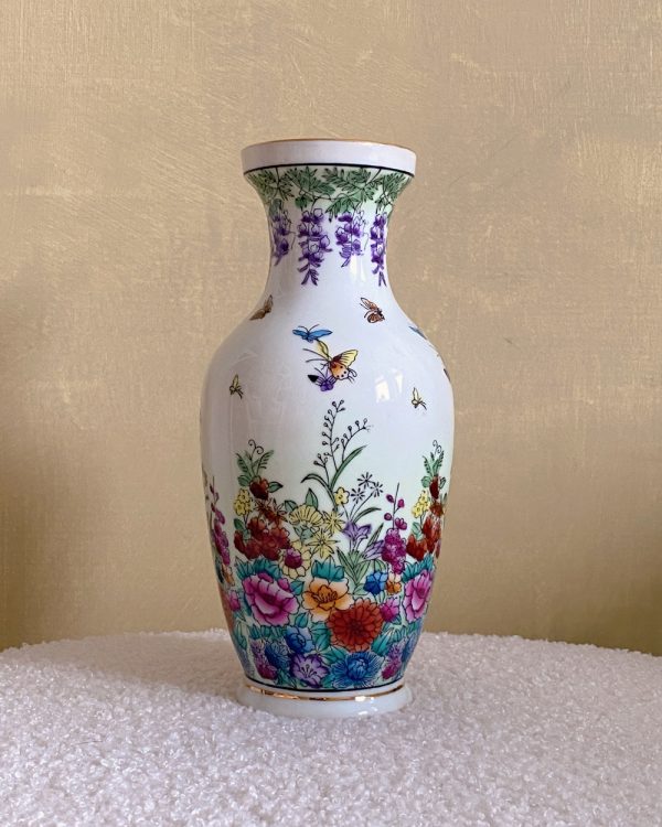 Vintage Hand Painted Butterfly Paradise Porcelain Plum Flower Vase