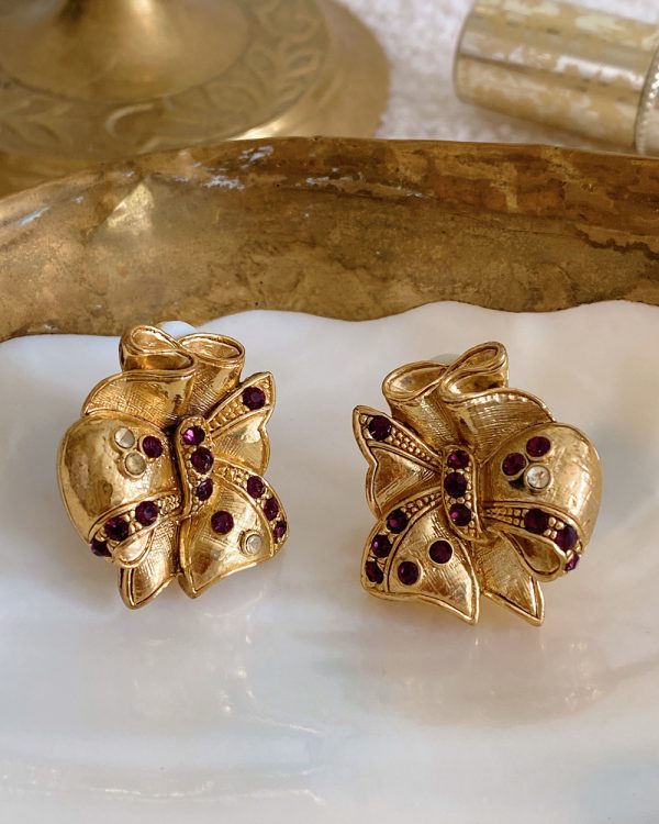Vintage Bow Clip On Earrings with Zirconia Embellishments