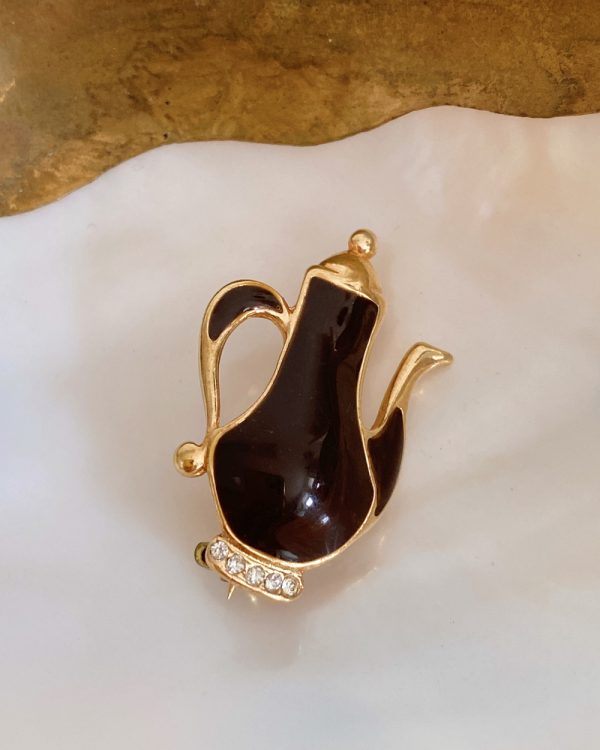 Vintage Gold Encased Enamel Teapot Brooch