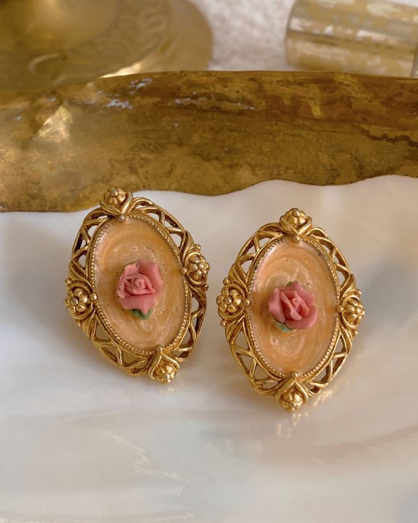 Vintage Porcelain Rose Enamel Earrings
