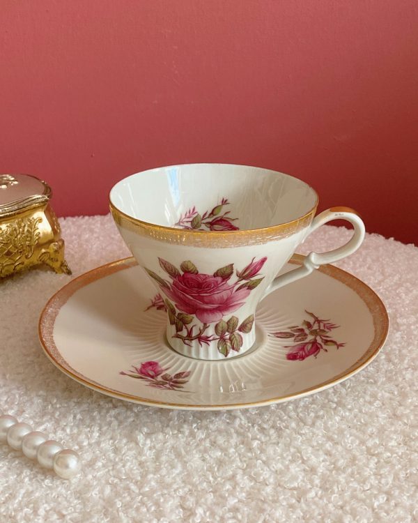 Vintage Pall Mall Ware Pink Rose Gilded Cup Saucer Set
