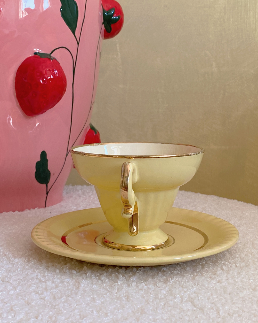Vintage Pastel Yellow Gilded Cup Saucer Set