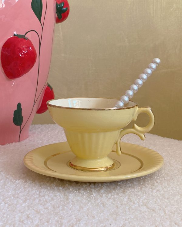 Vintage Pastel Yellow Gilded Cup Saucer Set