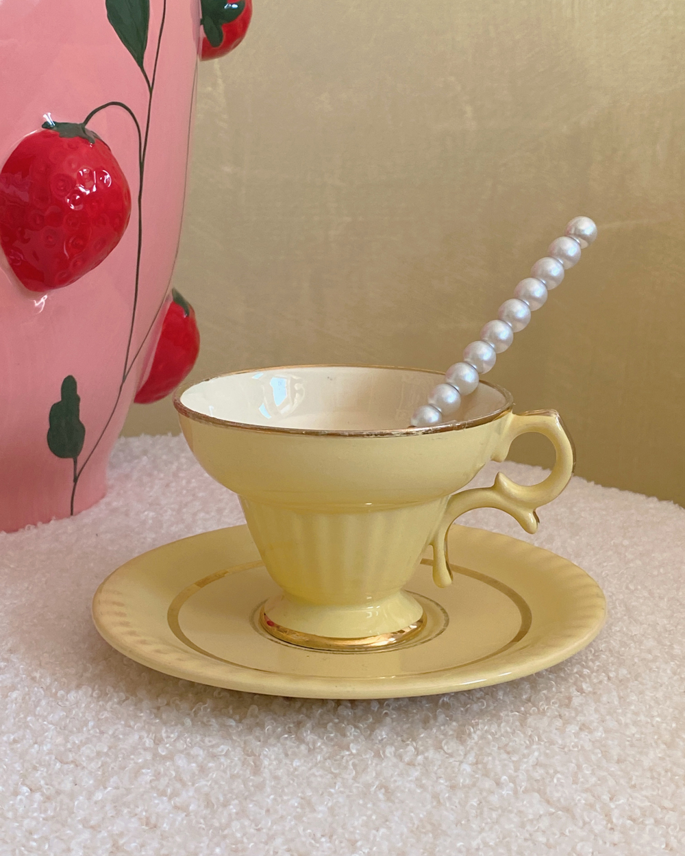 Vintage Pastel Yellow Gilded Cup Saucer Set