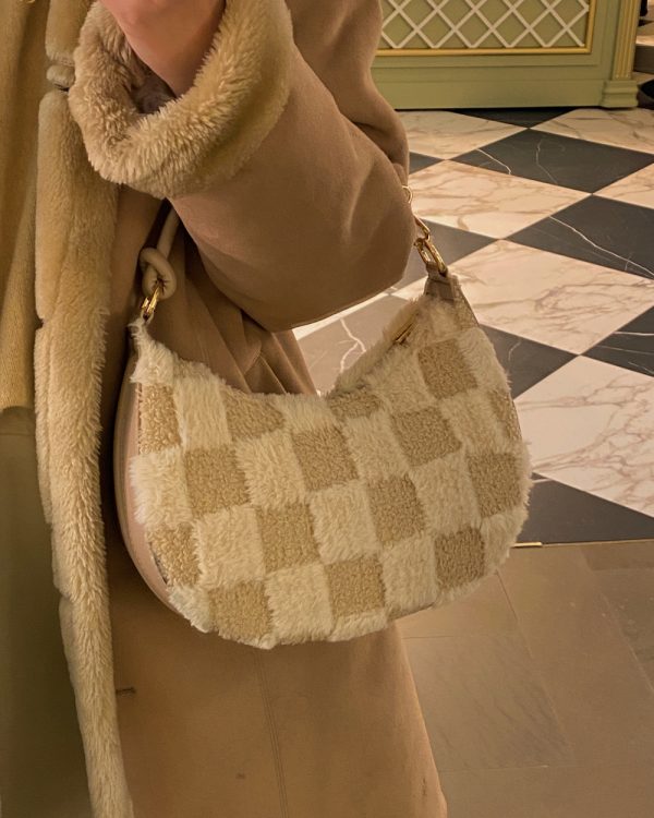 Fluffy Beige Checkered Crescent Bag