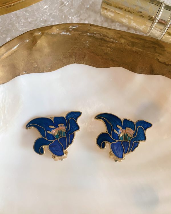 Vintage Enamel Blue Crocus Flower Clip-On Earrings