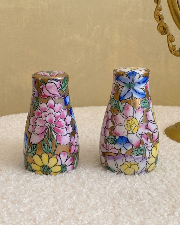 Vintage Floral Cloisonne Salt Pepper Shaker Set
