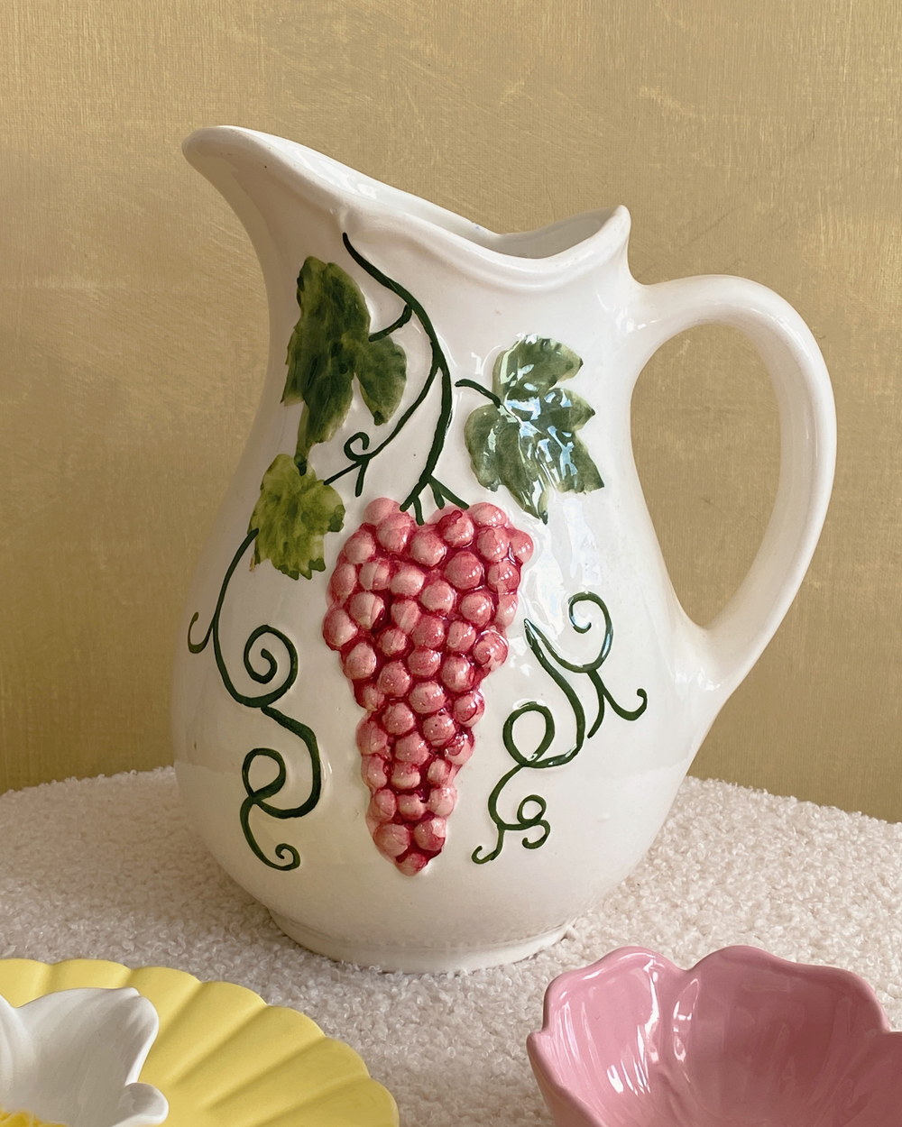 Vintage Hand Painted Barbotine Grape Pitcher