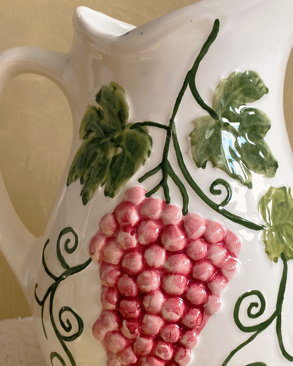 Vintage Hand Painted Barbotine Grape Pitcher