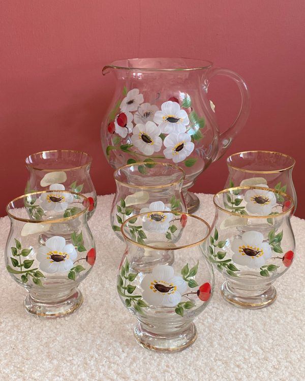 Vintage Hand Painted Red Poppy Glass Pitcher Set of 6