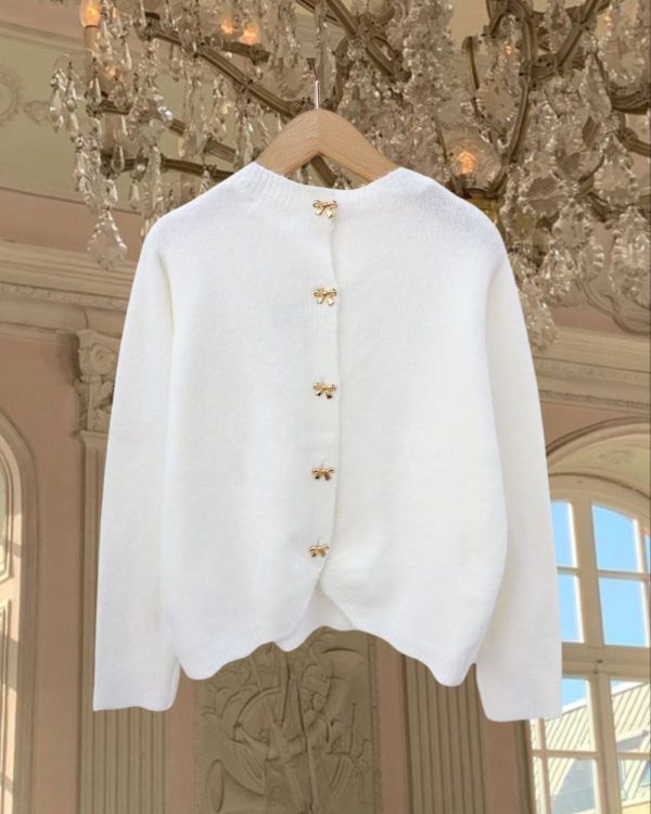 Chic Gold Bow Button Cardigan