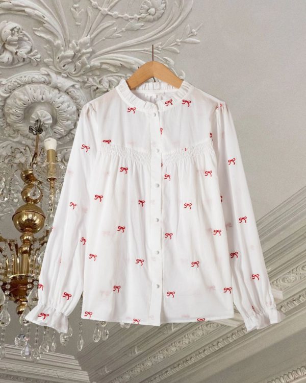 Embroidered Red Bow Blouse