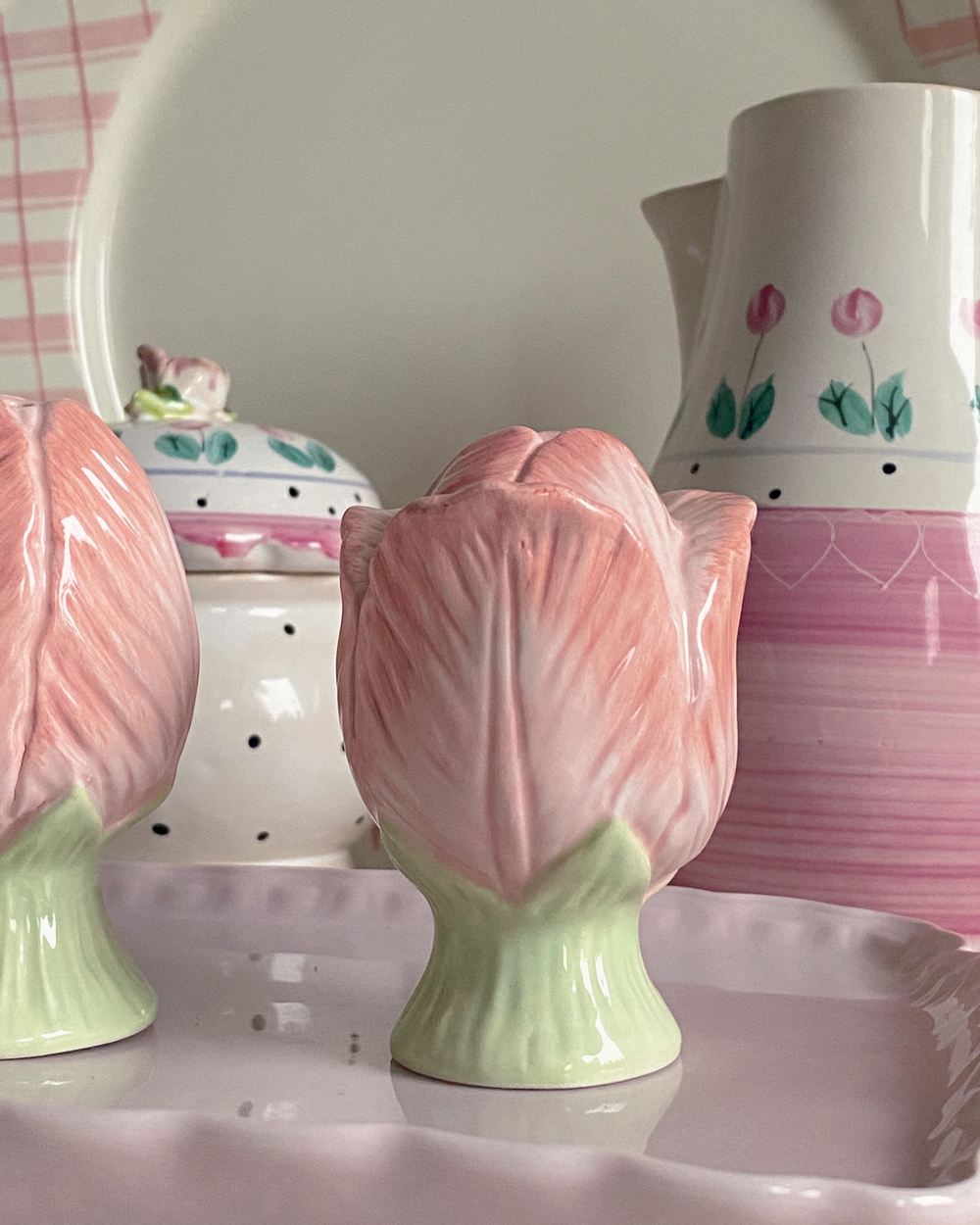 Pink Tulip Flower Porcelain Salt Pepper Shaker Set