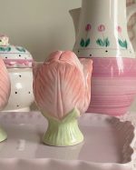 Pink Tulip Flower Porcelain Salt Pepper Shaker Set