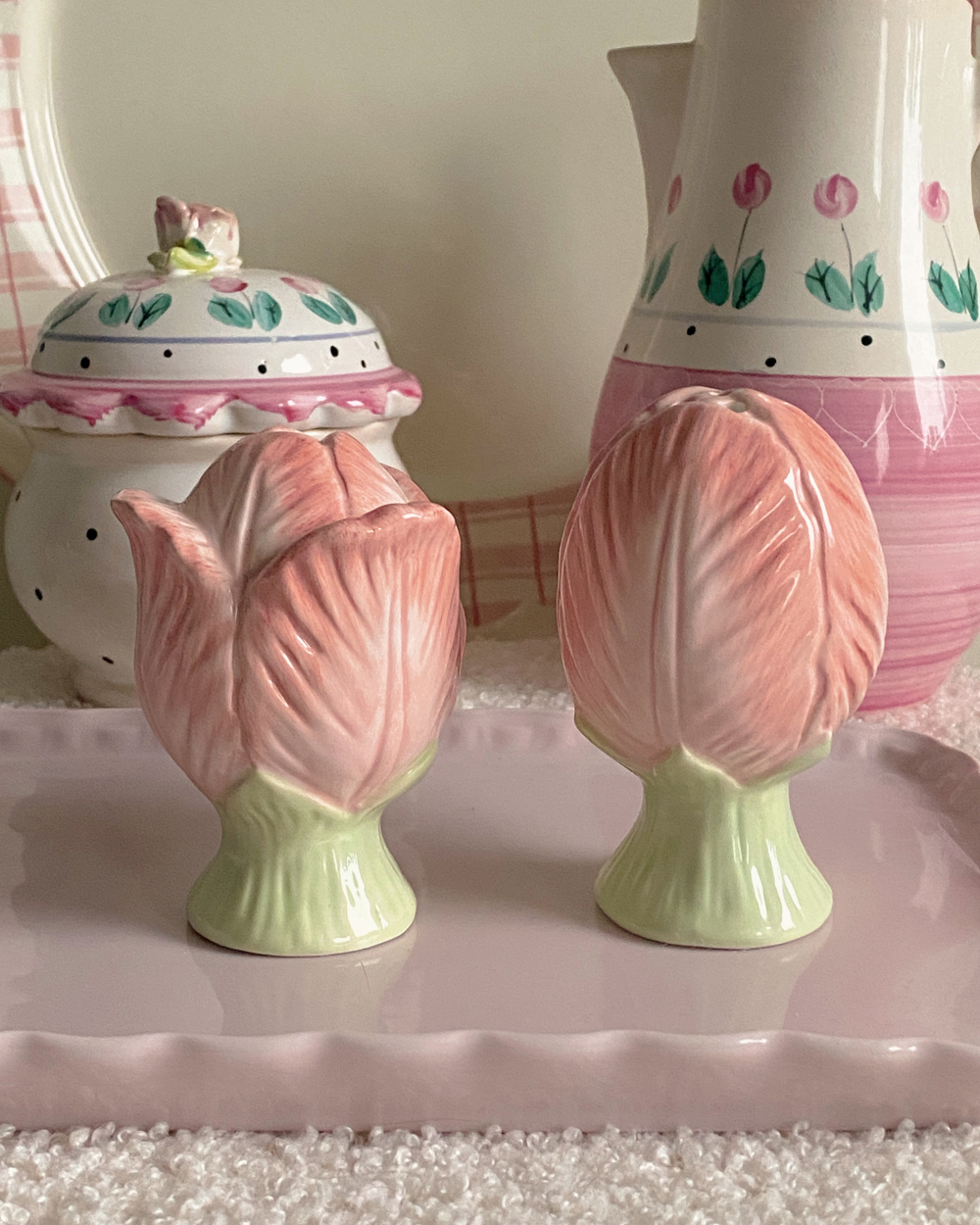 Pink Tulip Flower Porcelain Salt Pepper Shaker Set