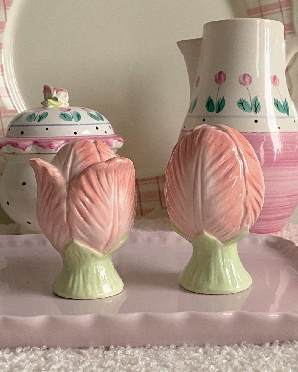 Pink Tulip Flower Porcelain Salt Pepper Shaker Set