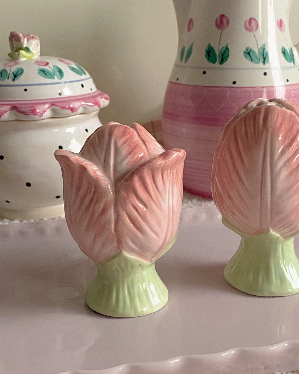 Pink Tulip Flower Porcelain Salt Pepper Shaker Set