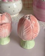 Pink Tulip Flower Porcelain Salt Pepper Shaker Set