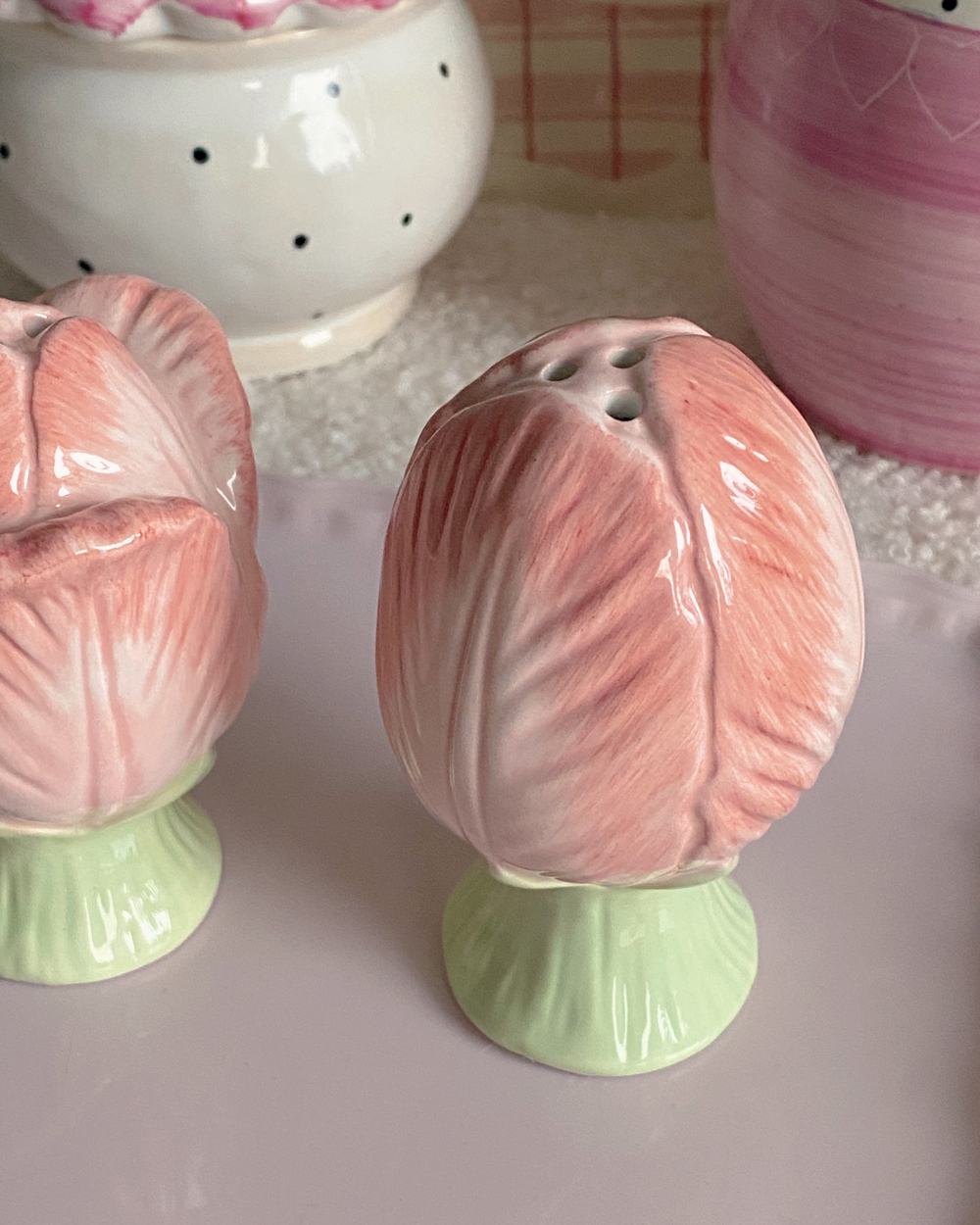 Pink Tulip Flower Porcelain Salt Pepper Shaker Set