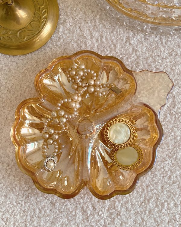 Vintage Marigold Carnival Glass Clover Candy Dish