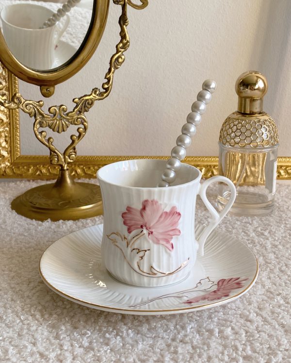 Vintage Pink Flower Gilded Cup Saucer Set
