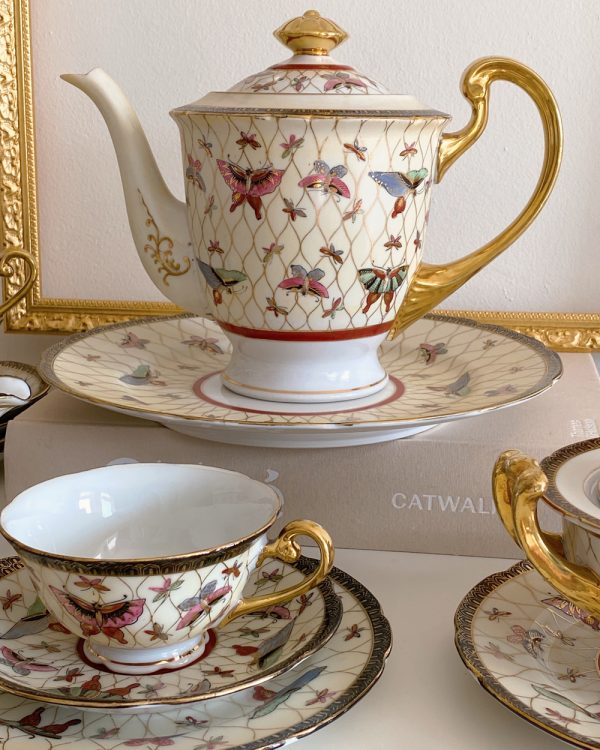 Vintage Butterfly Oriental 18K Gold Gilded Geisha Tea Set